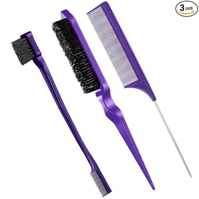Geiserailie 3 Pcs Slick Back Hair Brush Set Bristle Brush Edge Control Teasing Comb for Women Black Hair(Purple)