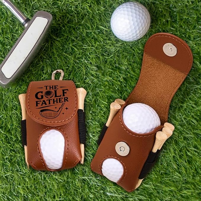 Wrappiness The Golf Father Golf Ball Bag - Golfer Accessories for Men Premium Leather Holder with Clip - Custom Golf Tee Pouch Unique Gift for Dad