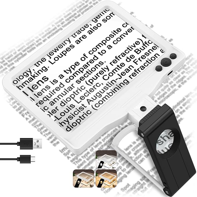 30X 6X Rechargeable Magnifying Glass for Reading, Large Full Page Magnifier with Folding Stand, 3 Color Light Modes, Dimmable LED Lighted, Hands Free Book Magnifier for Low Vision Seniors, White-Black
