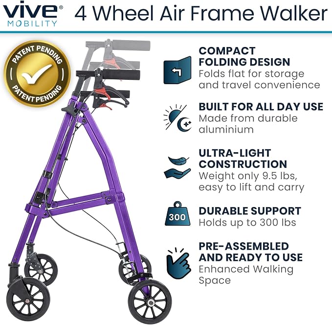 Vive Mobility Lightweight Walker for Seniors - Narrow, Folding Walker | W/Wheels for Small & Tight Spaces - Light Weight for Balance, Compact Doorways, Foldable - Portable & Collapsible for Travel