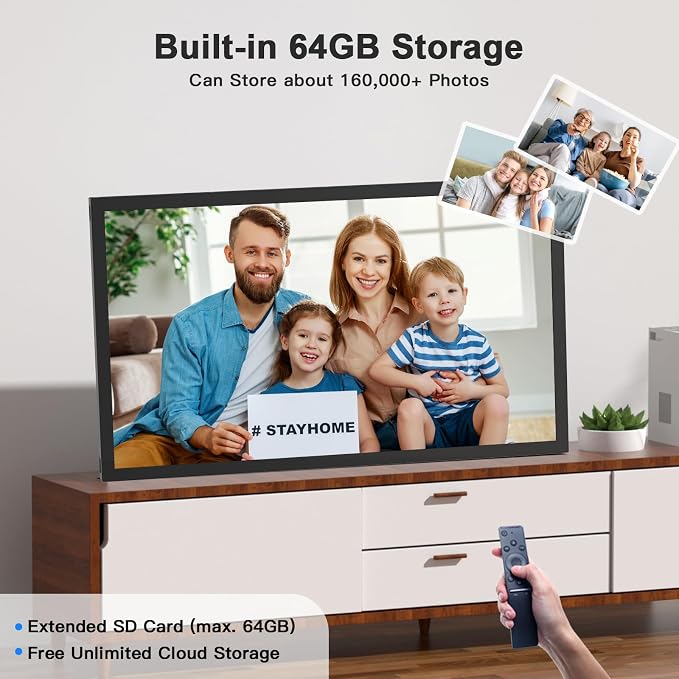21.5 inch Large Digital Picture Frame Digital Photo Frame WiFi - 64GB, IPS FHD, Auto Rotate, Load Photos Videos from Phone via App Email, Free Cloud, Wall Mounted, Gift for Family, No Touchscreen