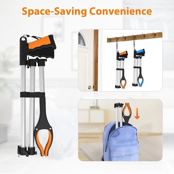 2-Pack 43" Extra Long Grabber Reacher Tool (Blue+Orange) | Foldable Trash Picker Upper, 360° Rotating Jaw + Magnets, 4" Wide Claw, Heavy Duty, Mobility Aid Reaching Tool for Seniors