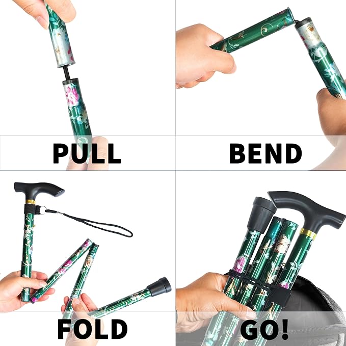 Folding Canes for Men and Women, Floral | 5-Level Adjustable Height, Lightweight Collapsible, Aluminum, Wrist Strap, T Handle, Walking Sticks for Seniors Adults