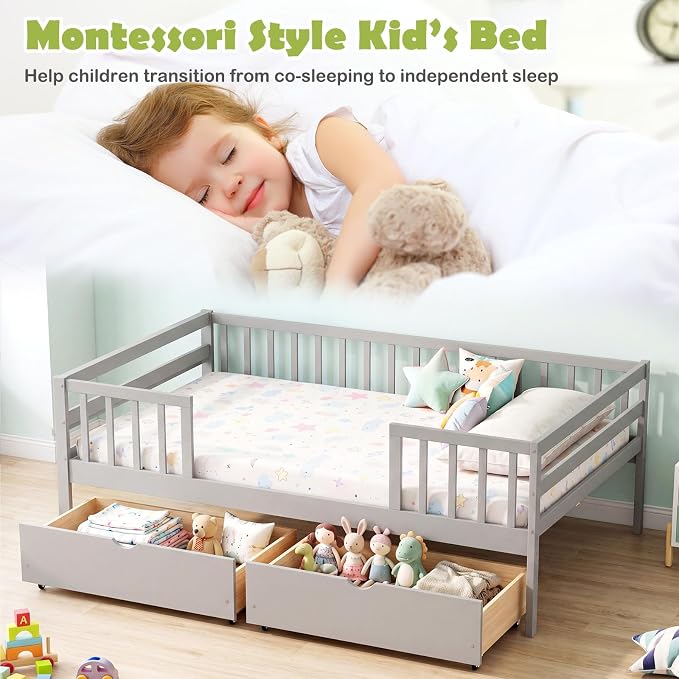 Giantex Full Kids Bed with Storage Drawers, Wood Montessori Bed with Rails & Side Shelf, Low Daybed Bed Frame for Boys Girls, No Box Spring Needed (Grey)