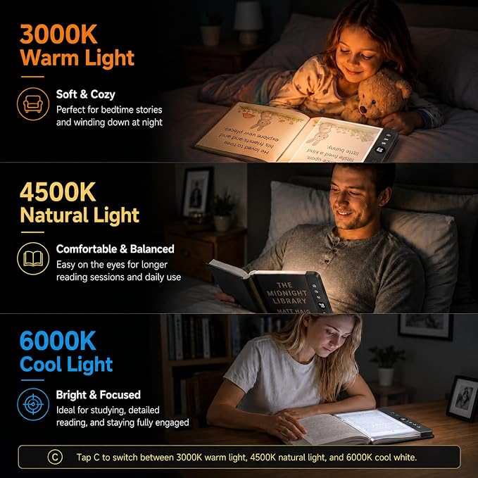 30 LED Book Light for Reading at Night in Bed, Rechargeable Book Page Light, 3 Color Temperatures, Stepless Dimming, 1-99 Min Timer, 2-in-1 Reading Light Light & Night Light, Gift for Readers Black