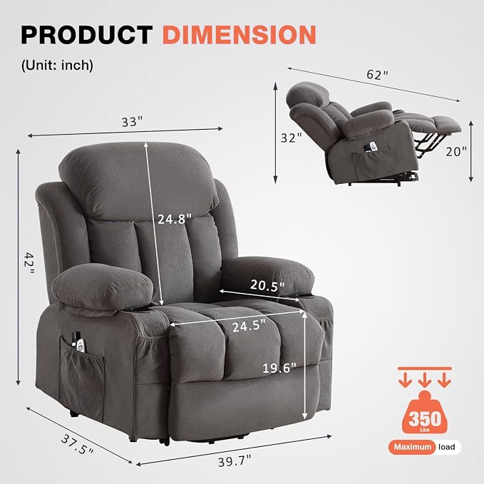 MAHOMICO Power Lift Recliner Chair for Elderly with Vibration Massage and Lumbar Heating,Electric Lift Recliner Single Sofa with Side Pocket,Two Cup Holders and USB Charge Port for Living Room
