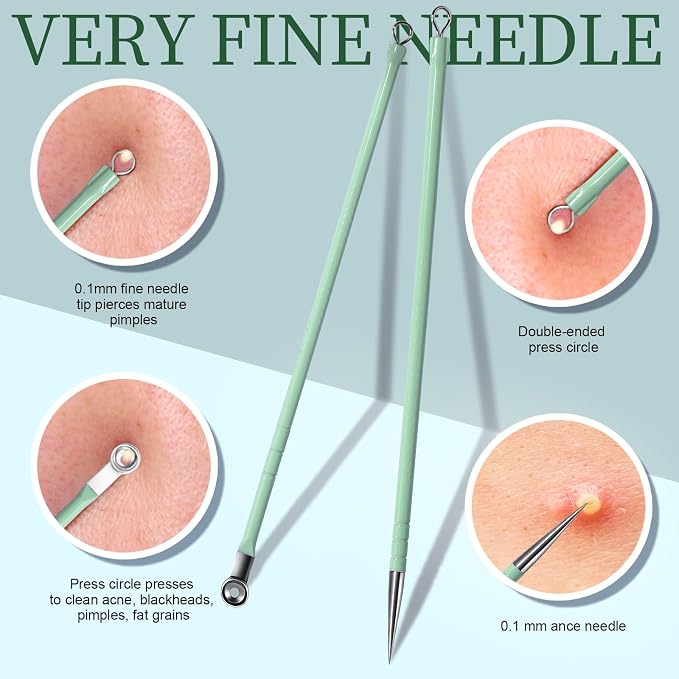Teenitor 7 Pcs Surgical Grade Blackhead Remover Tools and Pimple Popper Tool Kit, Ingrown Hair Tweezers, Blackhead Tweezers, Precision Tweezers, Pimple Extractor, Light Green