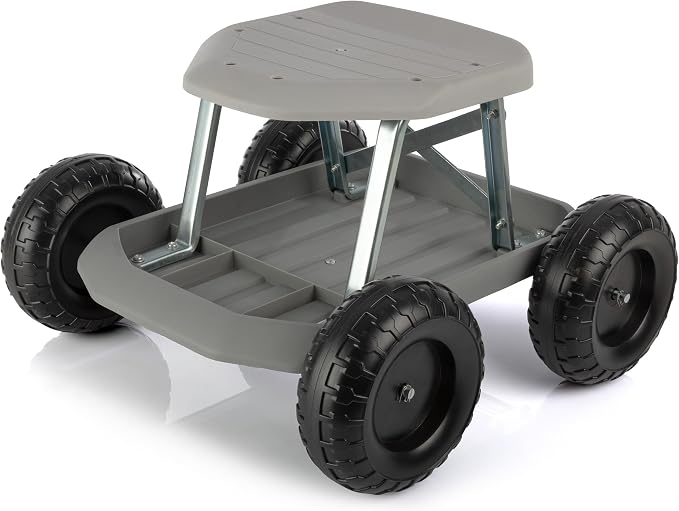 Gardening Stool - Rolling Garden Seat with Wheels and Storage Tool Tray - Garden Cart Scooter - Yard Tools by Pure Garden (Gray)