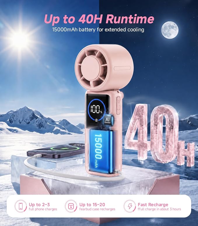 Turbo Portable Handheld Fan, 15000mAh Rechargeable Personal Fan for Travel | 15m/s Foldable Neck Fan with 100 Speeds, Up to 50H Runtime, Built-in USB-C Output and Display for Concerts and Outdoors