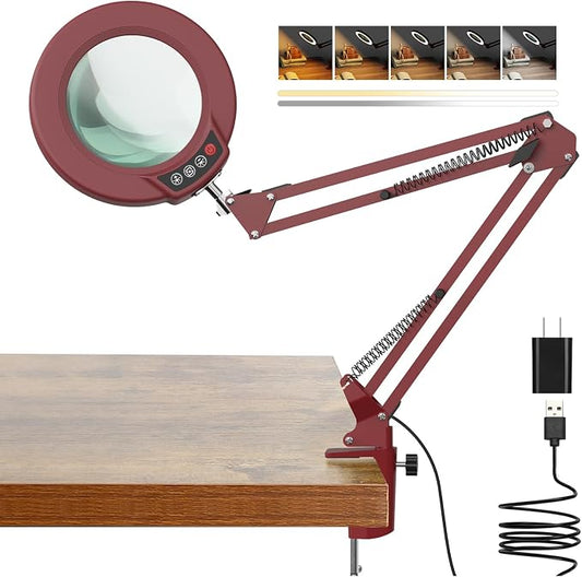 10X Magnifying Glass with Light and Clamp, Real Glass Stand Lighted Magnifier, 5 Color Modes Stepless Dimmable LED Desk Lamp Hands Free for Crafts Hobby Reading Painting Sewing Close Work - Red
