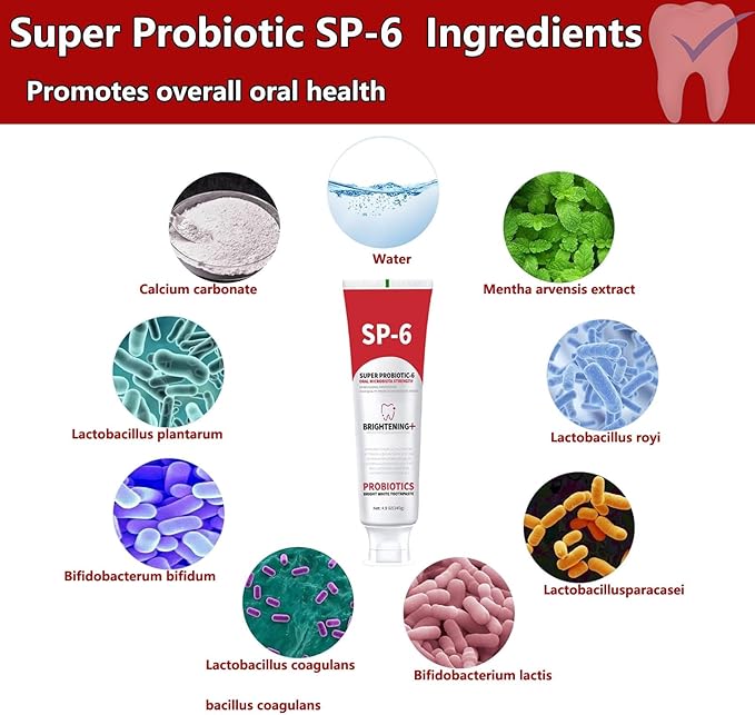 SP-6 Super Probiotic Brightening Toothpaste, 6 Probiotics Formula for Gum Health,Strengthening microbiota Oral Microbiota Strength for, Fluoride-Free, Fresh Mint Flavor, 4.9 oz(2PCS Natural Mint)