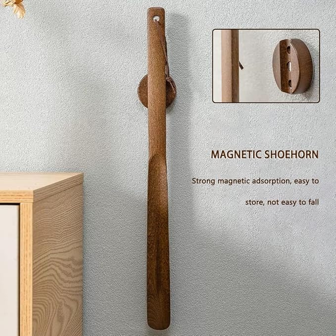 Shoe Helper for Seniors Japanese Style Medium and Long Handle Magnetic Suction Shoehorn, Double Storage Design Beech Shoe Helper, Wear Shoe Tool (Color : Brown, Size : 50 * 3.5cm)