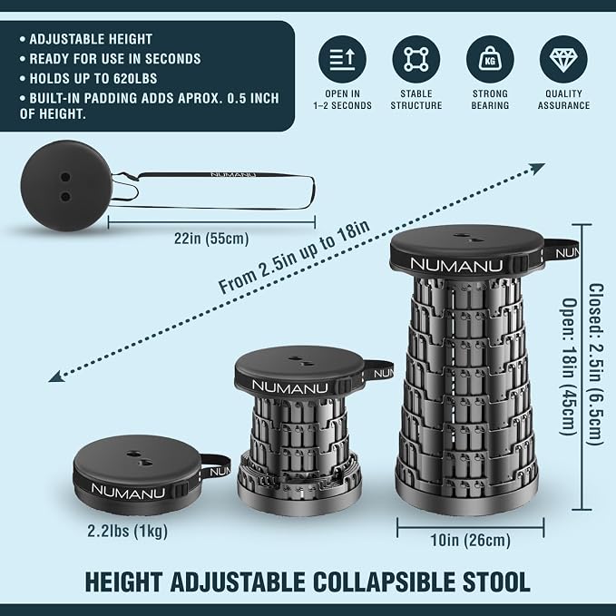 Padded Collapsible Stool for Adults 2-Pack, Folding Seat, 620 lbs | Set of 2 Padded Heavy-Duty Stools, Telescoping 2.5-18in, Dual Carry Bag + Carabiners; Travel, Sports, Camping, Seniors