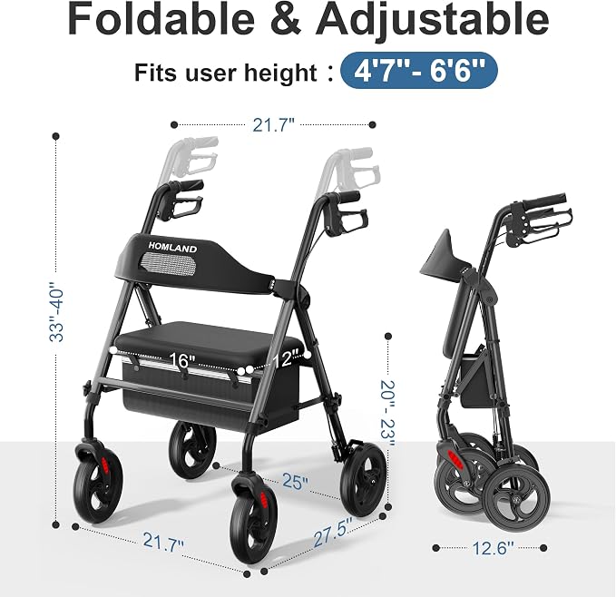 HOMLAND Foldable Rollator Walker with Seat for Seniors, 16" Enlarged Seat | 8" Big Wheels, 16"×12"x1.9" Thick Padded Seat, Adjustable Seat & Handle Height, Tool-Free Assembly, All Terrain Mobility Aid