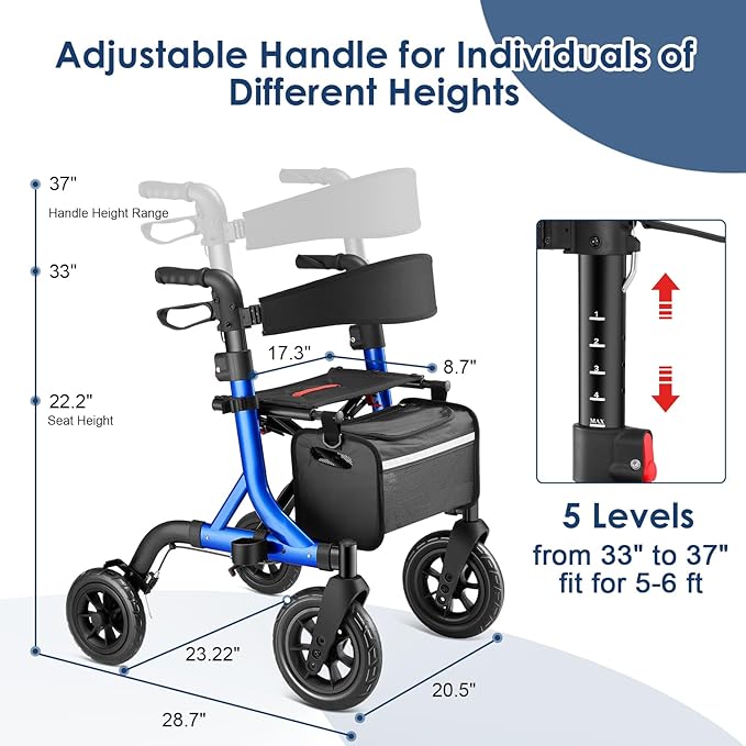 Walkers for Seniors, Rollator Walker with Seat, 10" Rubber Wheels All Terrain Rollator Walker with Backrest, Aluminum Walkers Built-in Cable, Foldable and Adjustable Height for Seniors, Blue