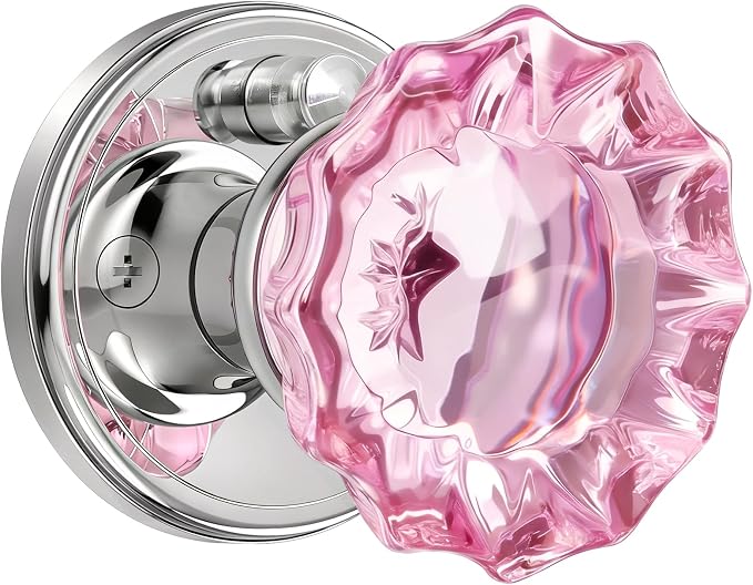 Pink Glass Door Knobs Interior with Lock, Crystal Door Knob | Interior Rose Shape Polished Chrome Privacy Door Knob for Bedroom and Bathroom