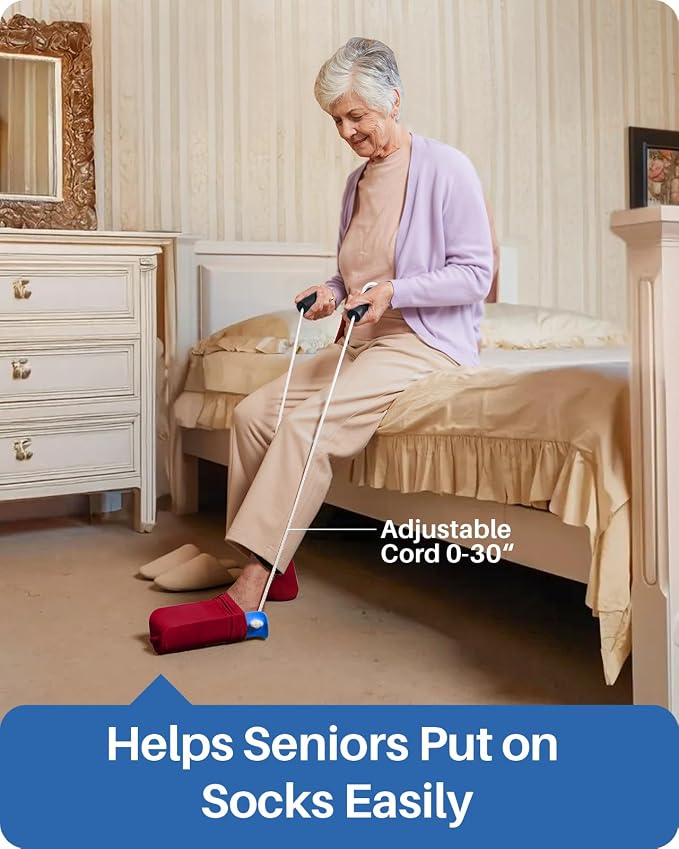 Jellas Sock Aid for Putting On Socks Kit,4.6 Inch Sock Helper for Seniors | Flexible Long Rope Design, Easy Put On Take Off Socks, Comfort Independence Helper, Blue