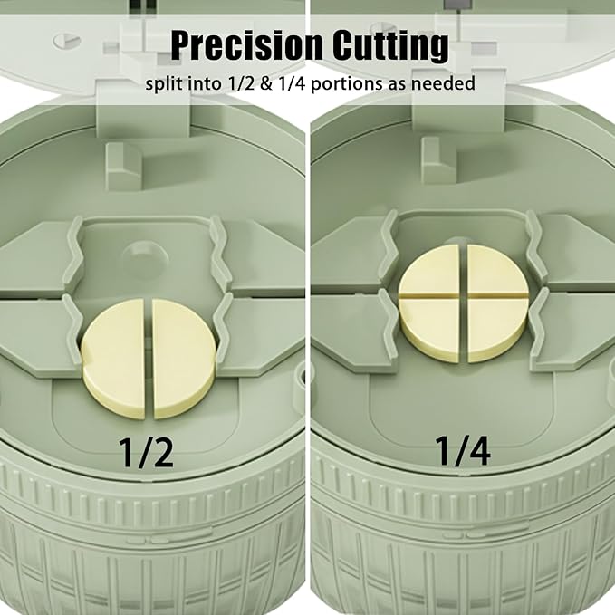 3-in-1 Pill Crusher Fine Powder - 1/4 1/2 Pill Cutter Splitter for Small and Tiny, Grinder for Elderly with Storage and Measuring Cup (Light Green)