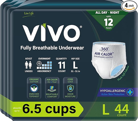 VIVO Organic Cotton Sensitive Skin Overnight Adult Incontinence Pullup Underwear, Women & Men, Large 44 Count