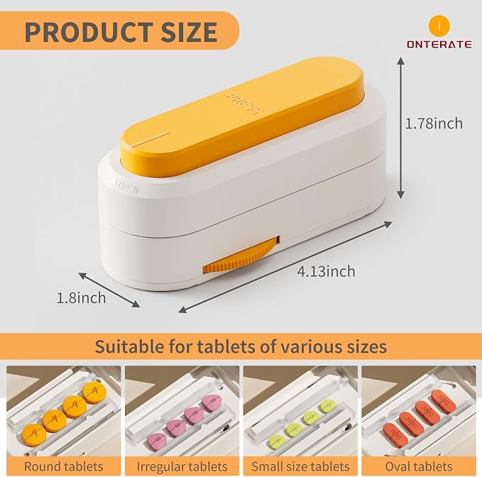 ONTERATE Pill Cutter Splitter for Small & Large Pills, Adjustable Pill Splitter with Safety Guard Hidden Sharp Stainless Steel Blade, Portable Tablets Cutter Cutting Tablets in Half at a Time (Grey)