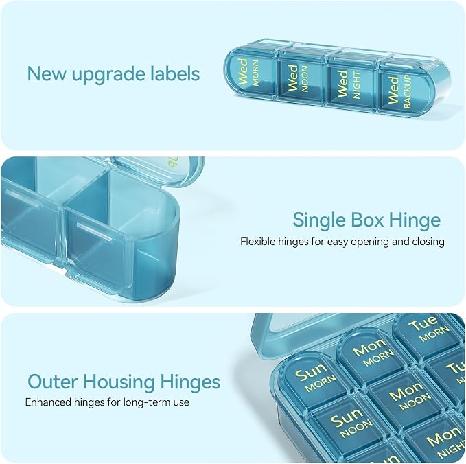Zoksi Pill Organizer 4 Times a Day, 7 Day Pill Box with Removable Daily Cases, Large Medicine Organizer for Pills, Vitamins and Supplements, Easy Open 180 Degree Lids, Travel Pill Case