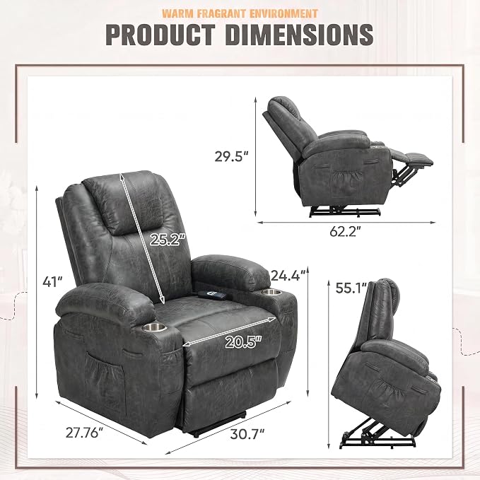 Flamaker Power Lift Recliner Chair Electric Lift Recliner for Elderly | Power Lift Recliner Chair with Cup Holders Side Pockets for Living Room (Leathaire, Light Black)