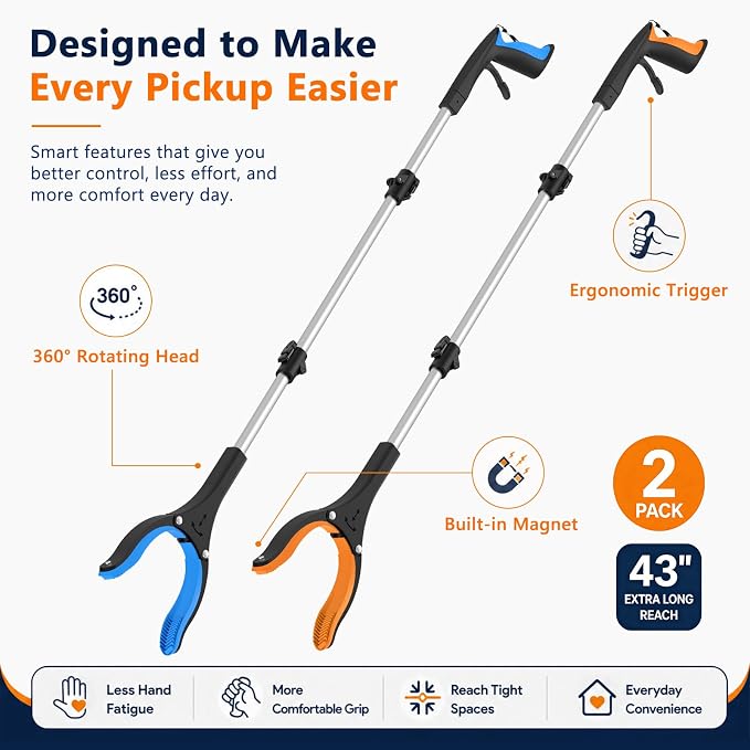 43 Inch Long Grabber Reacher Tool, 2 Pack Foldable for Seniors | Extended grabber reacher tool for seniors 5'8"-6'1", wheelchair. Aluminum, reaches 43 in. Reacher grabber pickup tool, 2-pack