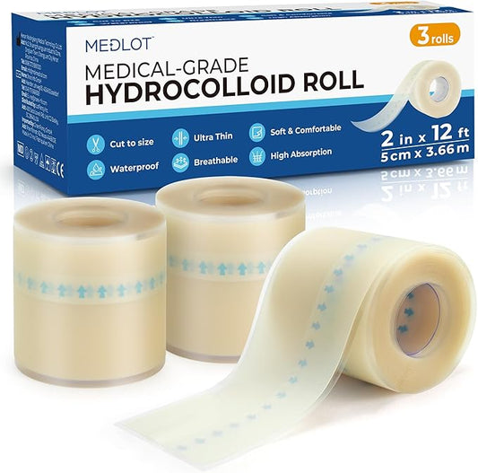 Hydrocolloid Roll, 2in x 12ft, 3 Rolls, Waterproof Hydrocolloid Bandages for Acne, Pimple, Burns, Blisters, Scrapes, Minor Cuts, Wound Care, Medical Adhesive Colloidal Dressing Patch