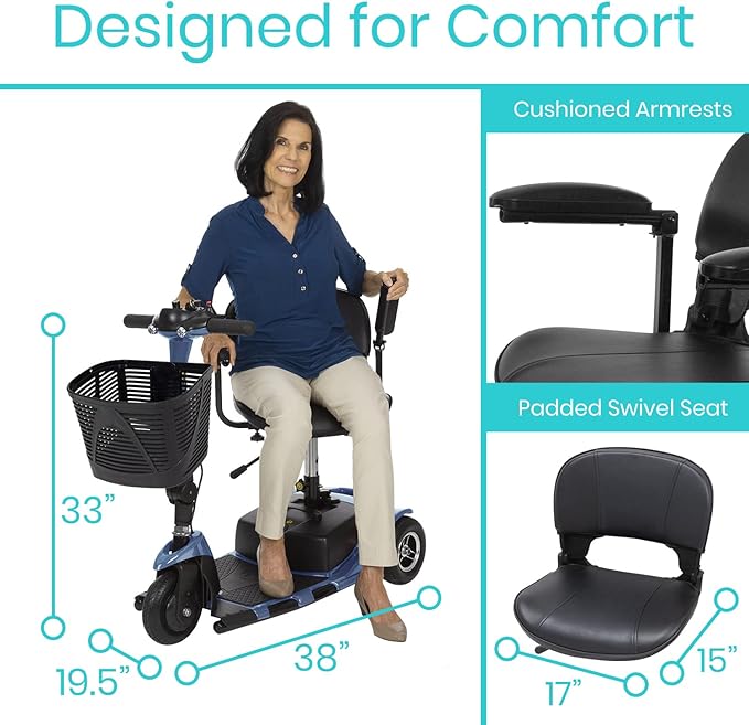 Vive 3 Wheel Mobility Scooter - Electric Powered Mobile Wheelchair Device for Adults - Folding, Collapsible and Compact for Travel - Long Range Power Extended Battery with Charger and Basket Included