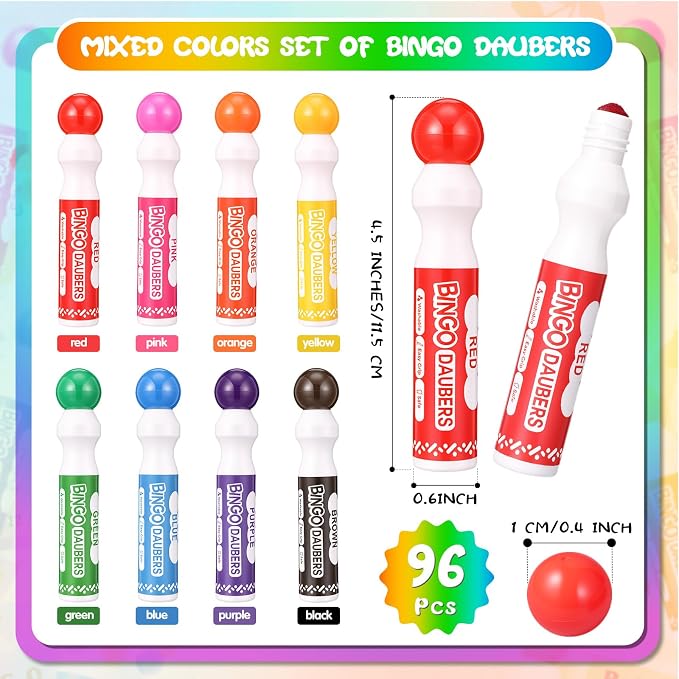 Crtiin 96 Pack Mixed Colors Set of Bingo Daubers Bingo Dabbers Dot Markers Bulk Paint Dotters Craft Ideal for Art and Crafts Painting Supplies Drawing Coloring Class Pre School Adult Gift (8 Colors)