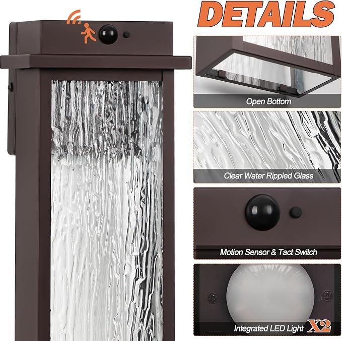 VenzBlomia 20” Large Brown Motion Sensor Dusk to Dawn Outdoor Wall Sconces | 2 Pack Oil Rubbed Bronze Outdoor Wall Lights with Water Ripple Glass, Weather Resistant Modern Elegance, Soft Warm Glow
