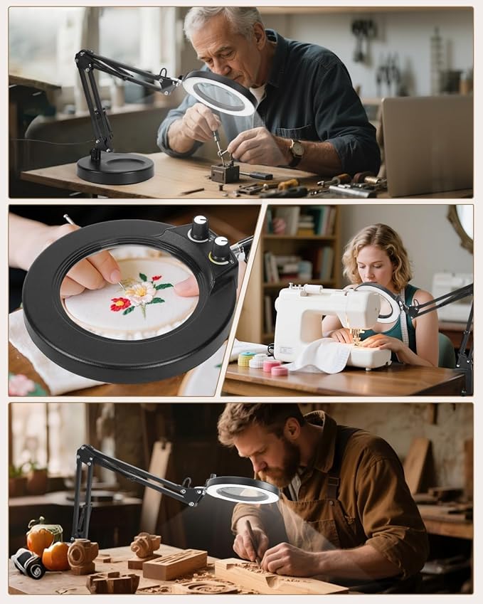 LANCOSC 12X Magnifying Glass with Light and Stand, Real Glass Lens, Switch Knob for Multi-Color Modes Dimmable, LED Lighted Desk Lamp & Clamp, Hands Free Magnifier for Repair Craft Painting Close Work