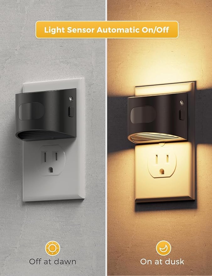 L LOHAS LED Motion Sensor Night Light, Night Lights Plug into Wall, 2 Pack | Nightlight with Dusk to Dawn & Motion Detection Sensor, 30-100Lm Adjustable Brightness, 3000K Warm White, Black Housing