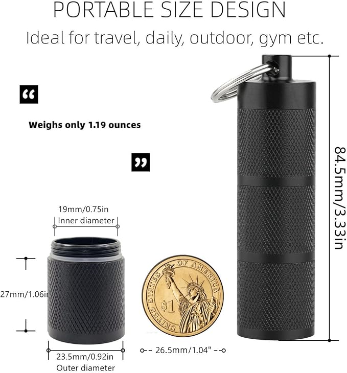 Waterproof Keychain Pill Holder - 3-Compartment, Black | Anodized aluminum with a keyring. 3 detachable layers. Pocket-sized, rustproof EDC pill container