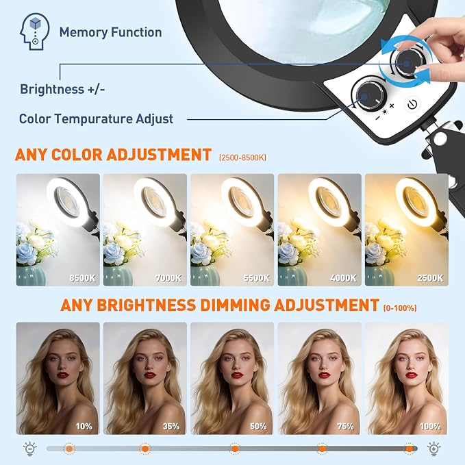 KIRKAS 12X Magnifying Glass with Light and Stand, Extra-Long Arm Knob | Magnifying Lamp for Workbench Craft, Sewing, LED Lighted Magnifier Real Glass Lens Stepless Dimming and Color (35in Clamp)