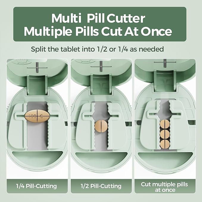 Adjustable Pill Cutter Splitter for Small and Tiny Pills, 1/2 1/4 Pill Splitter for Small Pills Vitamins Tablets, Accurate Alignment & Easy Cutting, Hidden Sharp Blade, Bottom Storage (Green)