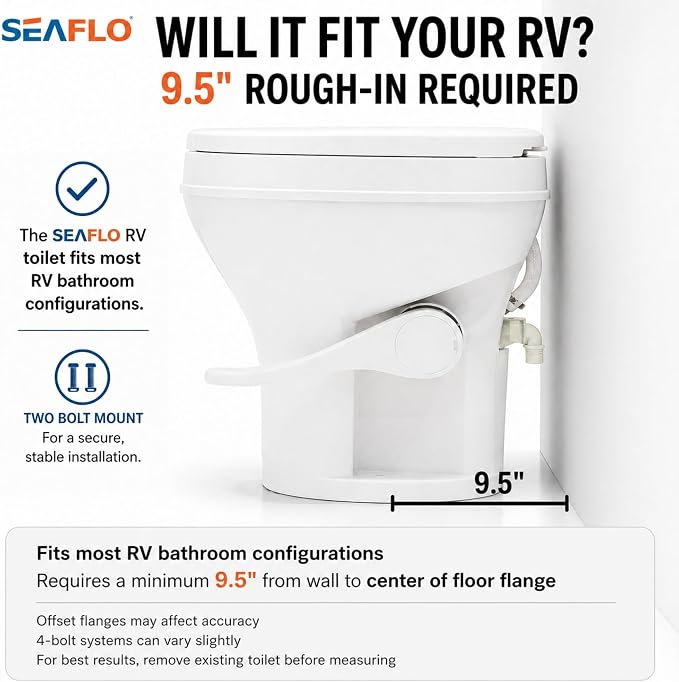 SEAFLO RV Toilet – 18.4" Residential Height, Gravity Flush Foot Pedal, 4-Year Warranty, Fits Most RVs (9.5" Rough-In), Soft Close Seat, 2-Bolt Mount, for Camper Travel Trailer Motorhome SFRTPH-01-01