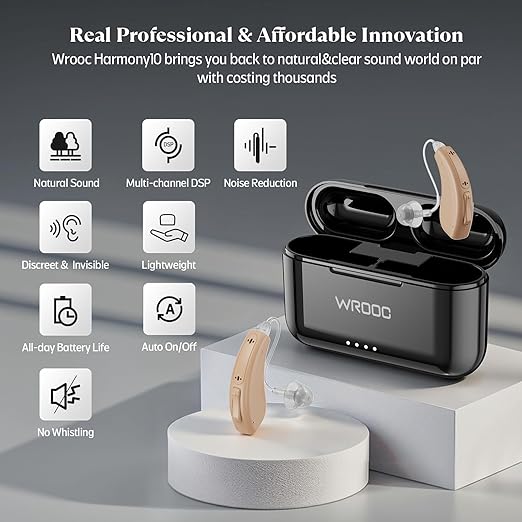 Harmony10 Rechargeable Hearing Aids for Seniors & Adults – Advanced Multi-Channel Digital BTE Hearing Device with Charging Case, Auto-On/Off, Clear Sound Quality, and Tinnitus Masking