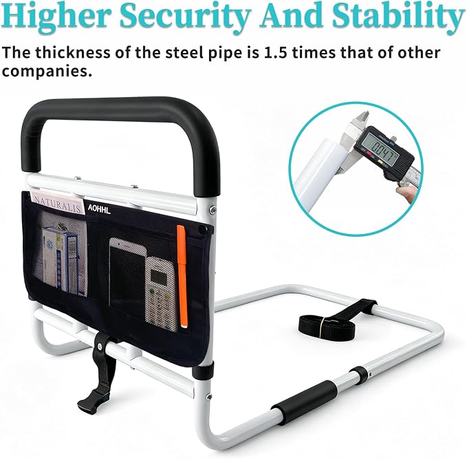 AOHHL Bed Rails for Elderly Adults Safety Adjustable Heights Storage Pocket Assist Support Side Railings for Seniors Citizens Slides Under Mattressbed Cane Bed Guard Bed Handles Bars