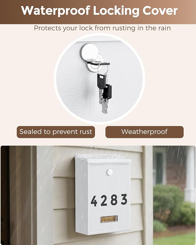 LAND·VOI Locking Wall-Mount Mailbox for Outside, with 4 Keys, Galvanized Steel Rustproof Metal Postbox, 3.1" Dx7.5 Wx10.8 H, Includes 3 Sets of Mailbox Numbers, Nameplate,White
