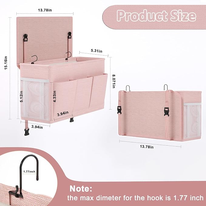 Bedside Caddy Storage Organizer for Bed Rails, Bed Caddy with 6 Pockets | Bedside Organizer with Fixed Straps and Hooks, Mattress Supported Versatile for Home, Dorm, Bunk, Hospital and Crib Bed