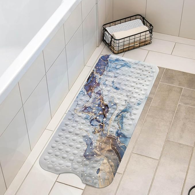 LNOND Marble Bath Tub Mat Non Slip, Extra Long 40 X 16 Inch Anti Slip Mat for Bathtub, White Blue Gold Marble Shower Mat with Drain Holes and Suction Cups, Machine Washable