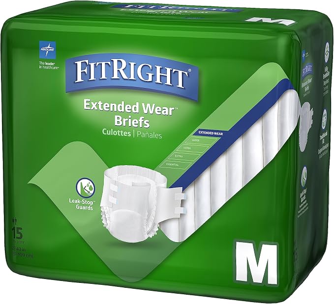 FitRight Adult Incontinence Briefs with Tabs, Extended Wear, Medium, 27" to 43", 15 Count