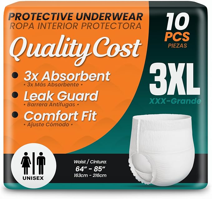 3XL Diaper QualityCost Adult Pull-Ups Diapers Women and Men Incontinence Overnight – Briefs, Disposable Undergarments, Maximum Absorbency, Leak Proof, Single-Use, XXXL (64–85 inch Waist), 10 Count