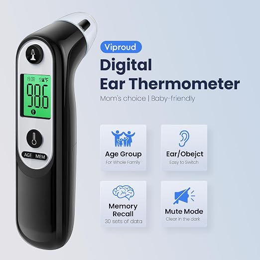Viproud Digital Ear Thermometer for Kids & Adults, Accurate Results (Black) | With 21 Disposable Probe Covers, 1s Fast Reading, 3-color backlight screen, 30 Memory Recall, ℃/℉ Switchable, Silent Mode