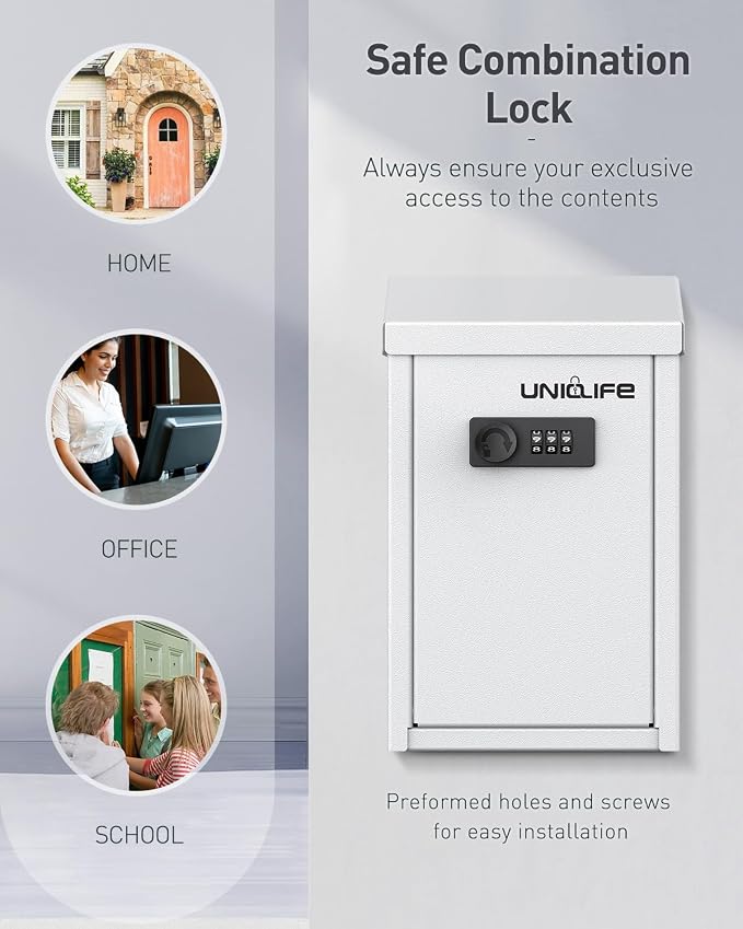 Uniclife Cash Box with Combination Lock, Wall Mounted Mailbox for Outside | White Code Lock Box, Metal Donation Box with Top Slot, Suggestion Box for Office and Business