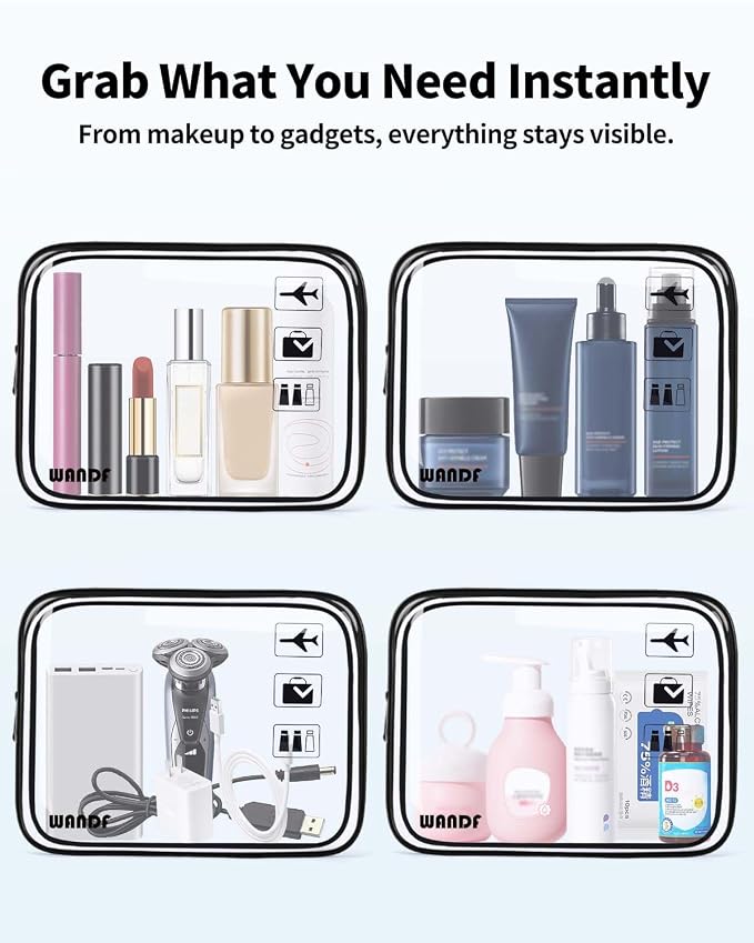 WANDF TSA Approved Toiletry Bag, 3 Pack Clear Makeup Bag | Quart Size, Airport Carry-On, TSA Liquids Travel Bag, Clear PVC, Women Men Travel Essentials