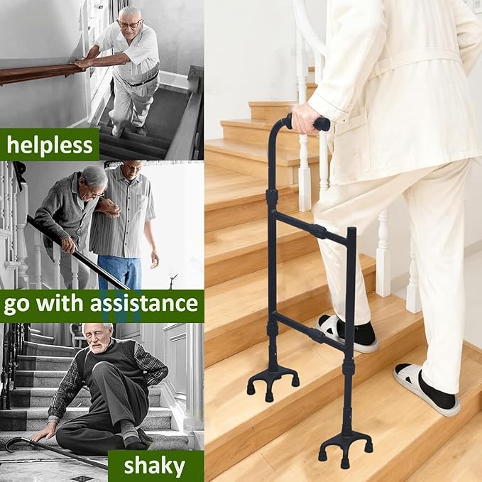 Height & Width Adjustable Stair Assist Cane -12-Level Adjustable Height,Portable Lightweight, Eight Anti-Slip Bases, Stair Helper for Up&Down -Mobility Aid for Elderly,Post-Surgery,Sore HIPS&Knees