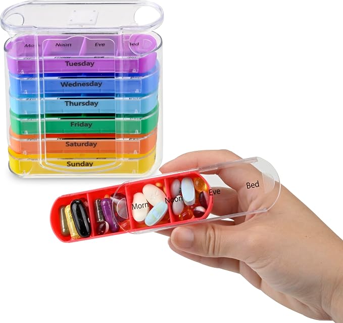 7 Day Pill Box Organizer, Hard Case with Embedded Magnet, 7 Stackable Trays, Perfect for Travel and Home Use.