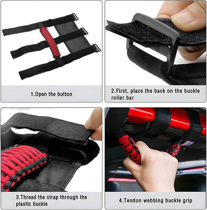 2PCS Car Roll Bar Grab Handles, Oxford Cloth American Flag ATV Paracord Grip Handle with Metal Buckle, Heavy Duty UTV Roll Cage Grab, Compatible with Wrangler JL, JT, JK (Red)